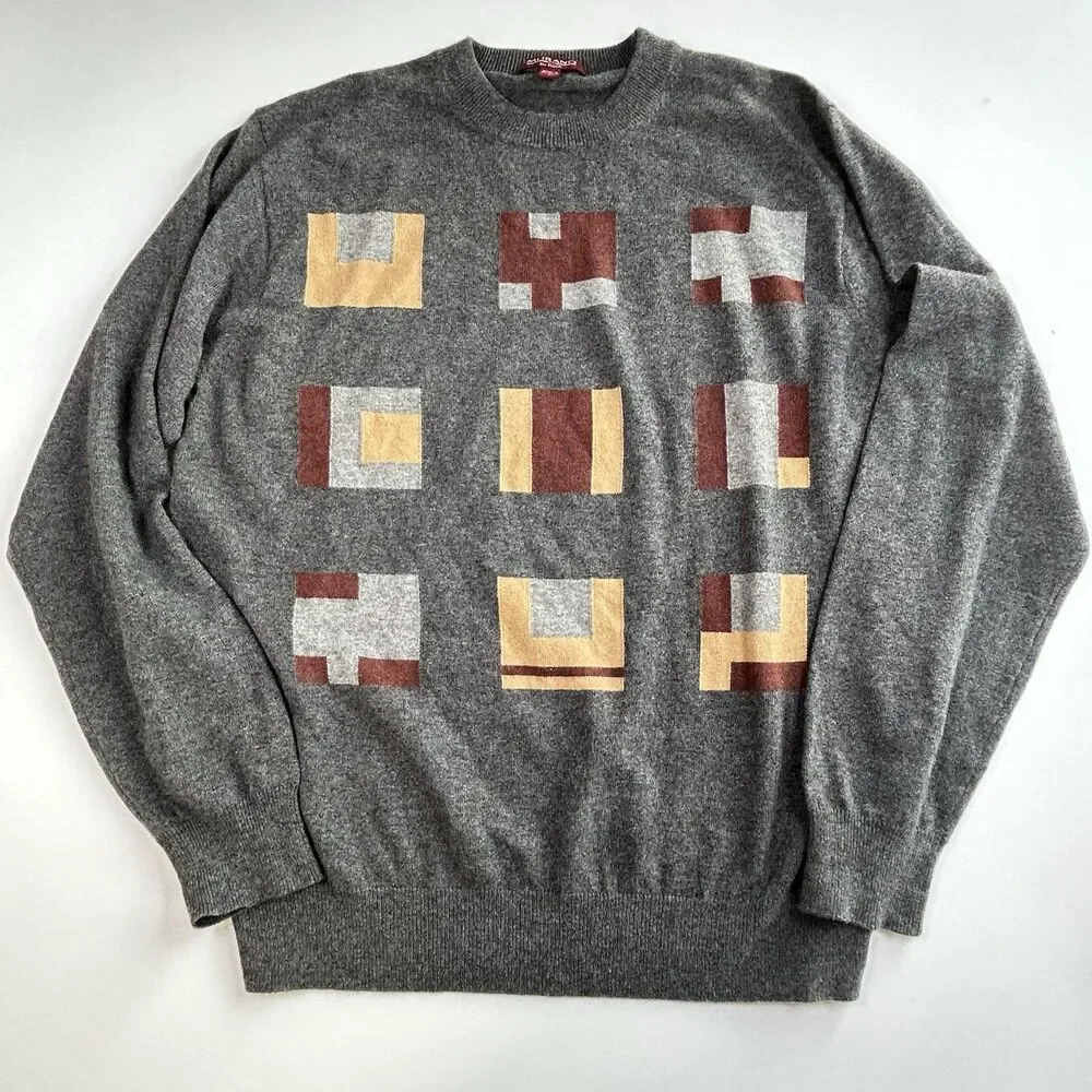 Murano by Raffi Wool Crewneck Sweater Size L Geometric Gray Multi Australia